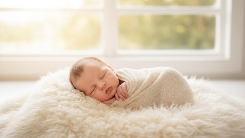 A breathtaking, soft-focus portrait showcasing cherished newborn photography Sale Victoria, with a tiny baby peacefully sleeping amidst a gentle, rustic setting, bathed in warm, ethereal light. The 'epic moment' captures innocence and new beginnings.