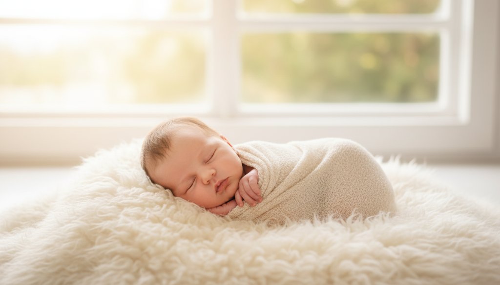 A breathtaking, soft-focus portrait showcasing cherished newborn photography Sale Victoria, with a tiny baby peacefully sleeping amidst a gentle, rustic setting, bathed in warm, ethereal light. The 'epic moment' captures innocence and new beginnings.