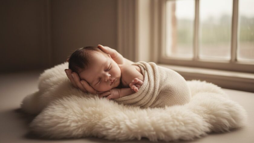 A serene, cinematic 'Cherished Newborn Photography Sale Victoria Memories' image, featuring a newborn baby wrapped in a soft, cream swaddle, gently cradled in a parent's hands, backlit by a soft, ethereal glow filtering through a window in a historic Sale homestead, capturing a tender, unforgettable moment with dramatic professional lighting and colour grading.