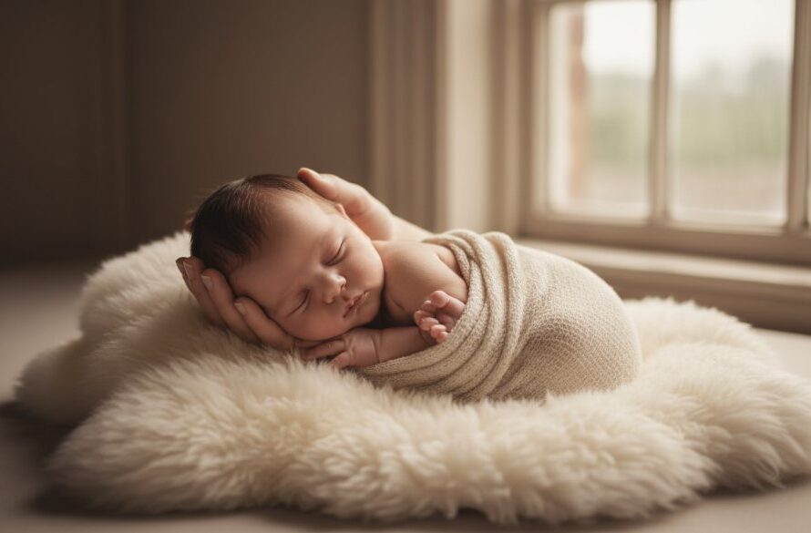 A serene, cinematic 'Cherished Newborn Photography Sale Victoria Memories' image, featuring a newborn baby wrapped in a soft, cream swaddle, gently cradled in a parent's hands, backlit by a soft, ethereal glow filtering through a window in a historic Sale homestead, capturing a tender, unforgettable moment with dramatic professional lighting and colour grading.