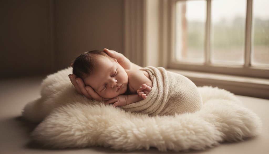 A serene, cinematic 'Cherished Newborn Photography Sale Victoria Memories' image, featuring a newborn baby wrapped in a soft, cream swaddle, gently cradled in a parent's hands, backlit by a soft, ethereal glow filtering through a window in a historic Sale homestead, capturing a tender, unforgettable moment with dramatic professional lighting and colour grading.