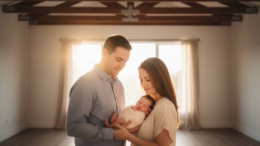 A tender, cinematic wide shot of parents gently cradling their newborn baby in a sun-drenched, rustic Scoresby studio setting, evoking cherished newborn photography Scoresby memories, with dramatic backlighting highlighting the bond.