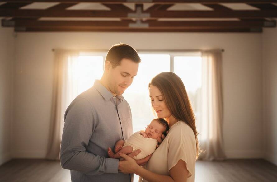 A tender, cinematic wide shot of parents gently cradling their newborn baby in a sun-drenched, rustic Scoresby studio setting, evoking cherished newborn photography Scoresby memories, with dramatic backlighting highlighting the bond.
