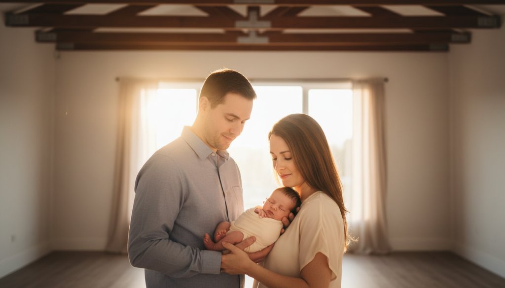 A tender, cinematic wide shot of parents gently cradling their newborn baby in a sun-drenched, rustic Scoresby studio setting, evoking cherished newborn photography Scoresby memories, with dramatic backlighting highlighting the bond.