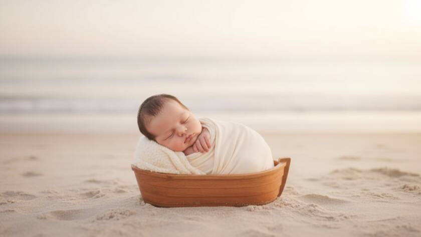 A professional, cinematic photograph capturing cherished newborn photography sessions Beaumaris, featuring a sleeping baby swaddled in a soft blanket, gently held in a parent's hands, with the warm, golden light of a Beaumaris coastal sunrise softly illuminating them, creating an intimate and emotional portrait.