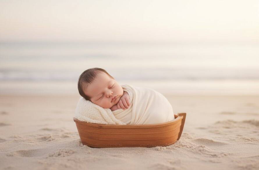 A professional, cinematic photograph capturing cherished newborn photography sessions Beaumaris, featuring a sleeping baby swaddled in a soft blanket, gently held in a parent's hands, with the warm, golden light of a Beaumaris coastal sunrise softly illuminating them, creating an intimate and emotional portrait.