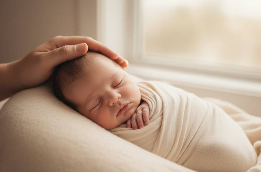 A breathtaking and tender moment of cherished newborn photography Templestowe Lower, featuring a tiny baby sleeping peacefully, softly wrapped and gently held by a parent's hand, bathed in dramatic, warm cinematic light.