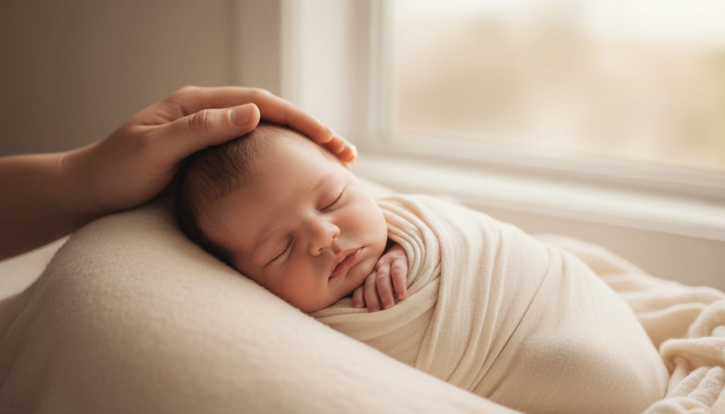 A breathtaking and tender moment of cherished newborn photography Templestowe Lower, featuring a tiny baby sleeping peacefully, softly wrapped and gently held by a parent's hand, bathed in dramatic, warm cinematic light.