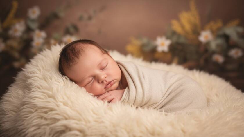 An ethereal, golden-lit image capturing the serene slumber of a newborn baby swaddled in soft fabrics, surrounded by delicate floral accents, taken by a Cranbourne professional for Cherished Newborn Photos Cranbourne VIC, evoking warmth and new beginnings.