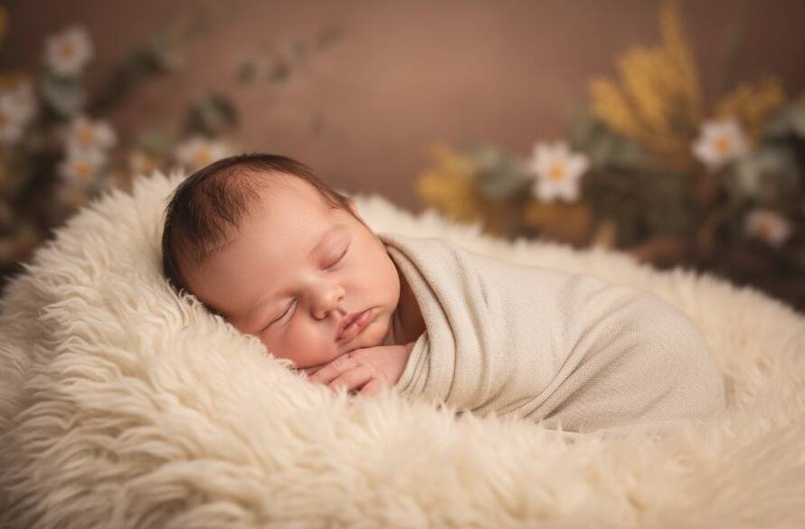 An ethereal, golden-lit image capturing the serene slumber of a newborn baby swaddled in soft fabrics, surrounded by delicate floral accents, taken by a Cranbourne professional for Cherished Newborn Photos Cranbourne VIC, evoking warmth and new beginnings.
