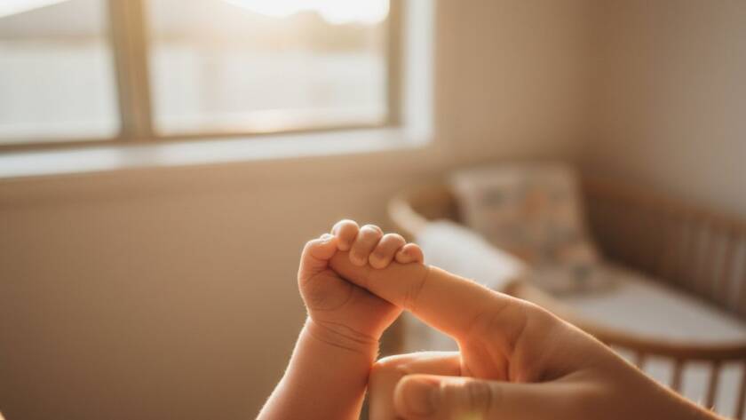 An intimate, beautifully lit, and tender 'epic moment' photograph capturing a newborn peacefully sleeping in their parents' embrace, bathed in soft morning light, within a cosy Avondale Heights home, showcasing a cherished newborn photoshoot Avondale Heights.