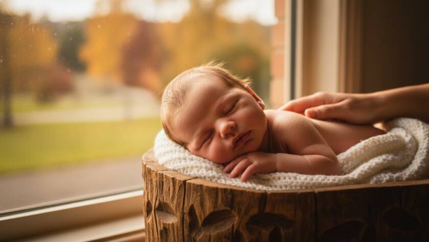 An intimate, heartwarming 'epic moment' photograph capturing cherished newborn portraits Forest Hill VIC. A baby is gently cradled by a parent's hands, bathed in soft, ethereal natural light from a window, with a shallow depth of field highlighting the tiny features and tender connection, embodying love and new beginnings.