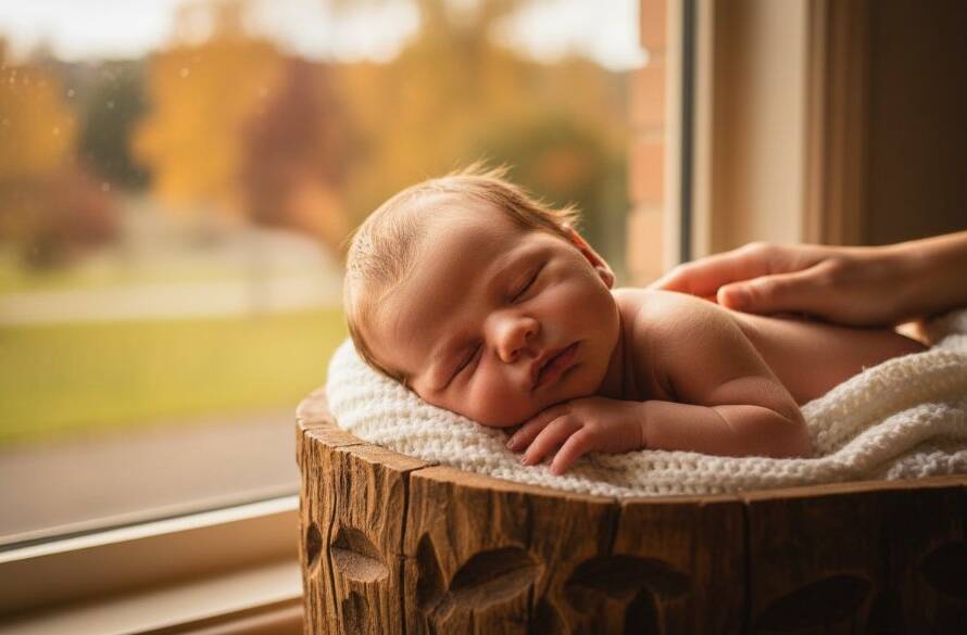 An intimate, heartwarming 'epic moment' photograph capturing cherished newborn portraits Forest Hill VIC. A baby is gently cradled by a parent's hands, bathed in soft, ethereal natural light from a window, with a shallow depth of field highlighting the tiny features and tender connection, embodying love and new beginnings.
