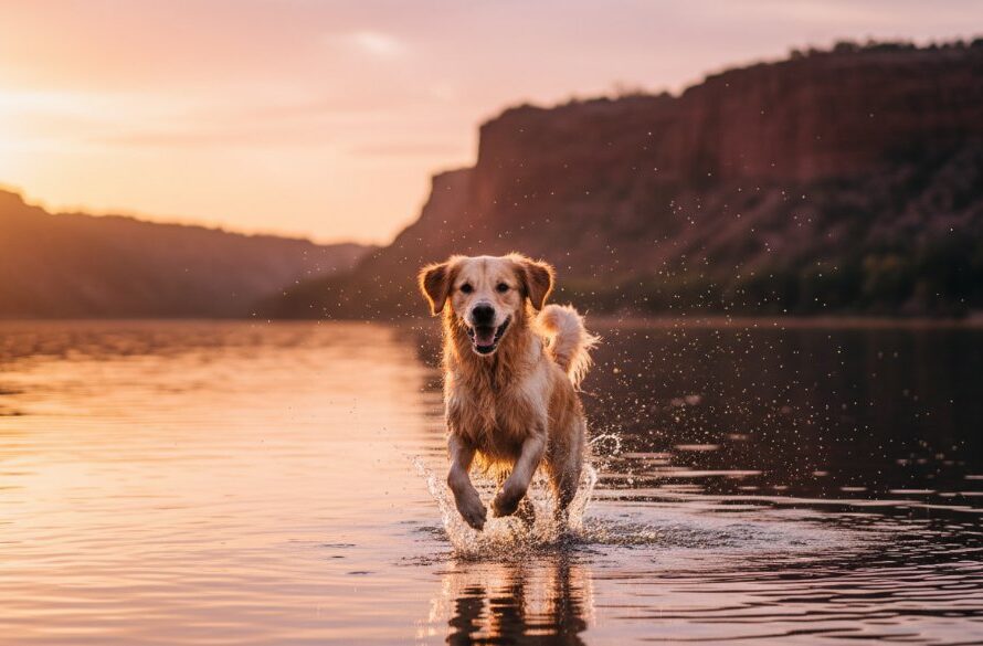 A majestic golden retriever joyfully leaping through the golden light of sunset near the Murray River in Red Cliffs, perfectly captured in a professional, emotionally resonant Cherished Pet Photography Red Cliffs Victoria session, showcasing their vibrant spirit and an epic moment of play.