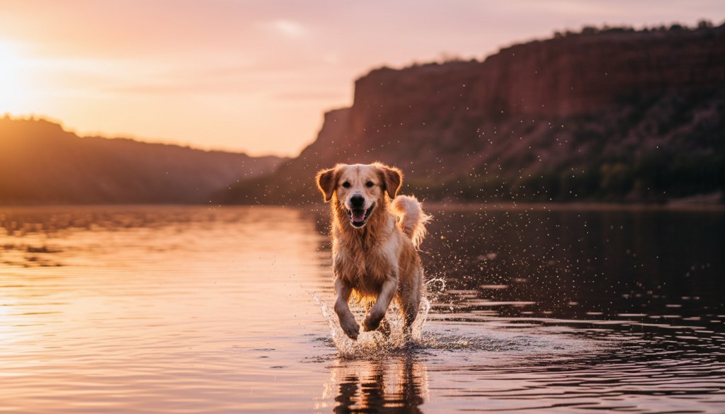 A majestic golden retriever joyfully leaping through the golden light of sunset near the Murray River in Red Cliffs, perfectly captured in a professional, emotionally resonant Cherished Pet Photography Red Cliffs Victoria session, showcasing their vibrant spirit and an epic moment of play.