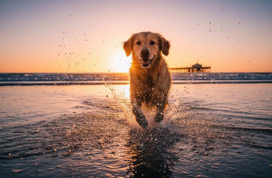 A golden retriever joyfully leaping through shallow waves on Frankston Foreshore beach at sunset, a professional shot capturing cherished pet photos Frankston Foreshore, with dramatic backlighting and a sense of pure happiness.