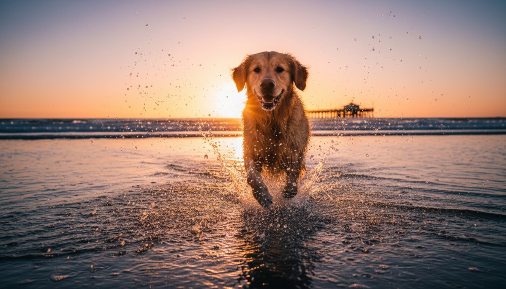 A golden retriever joyfully leaping through shallow waves on Frankston Foreshore beach at sunset, a professional shot capturing cherished pet photos Frankston Foreshore, with dramatic backlighting and a sense of pure happiness.