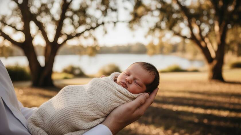 A heartwarming, professional wide-angle shot of a parent gently holding their newborn baby in Sandhurst, bathed in the golden hour light filtering through eucalyptus trees, capturing cherished Sandhurst baby photography timeless memories with a dramatic, soft focus, highlighting their tender bond.