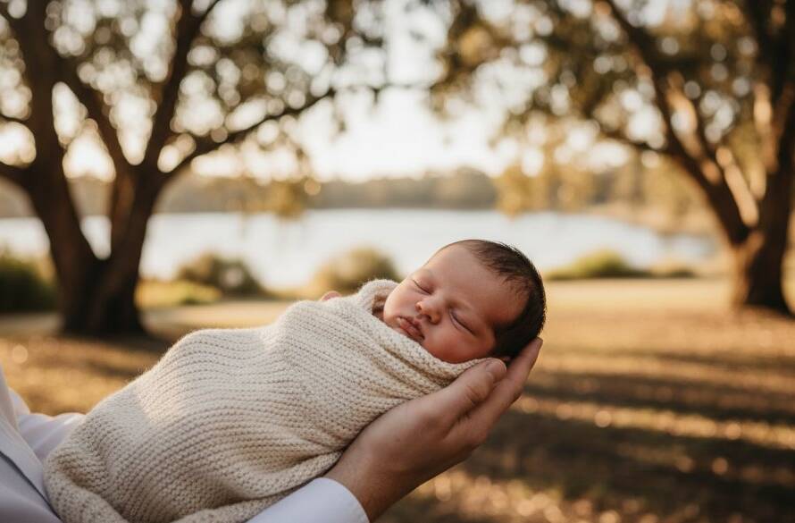 A heartwarming, professional wide-angle shot of a parent gently holding their newborn baby in Sandhurst, bathed in the golden hour light filtering through eucalyptus trees, capturing cherished Sandhurst baby photography timeless memories with a dramatic, soft focus, highlighting their tender bond.