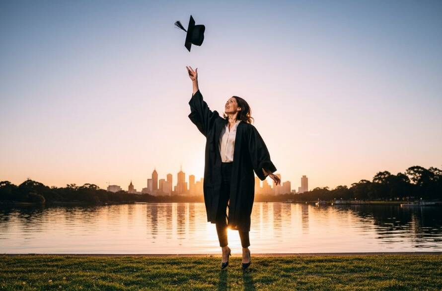 A graduate, beaming with joy, throws their cap into the air against a vibrant sunset over the tranquil Maribyrnong River in South Kingsville, perfectly encapsulating cherished South Kingsville graduation portraits with dramatic flair.