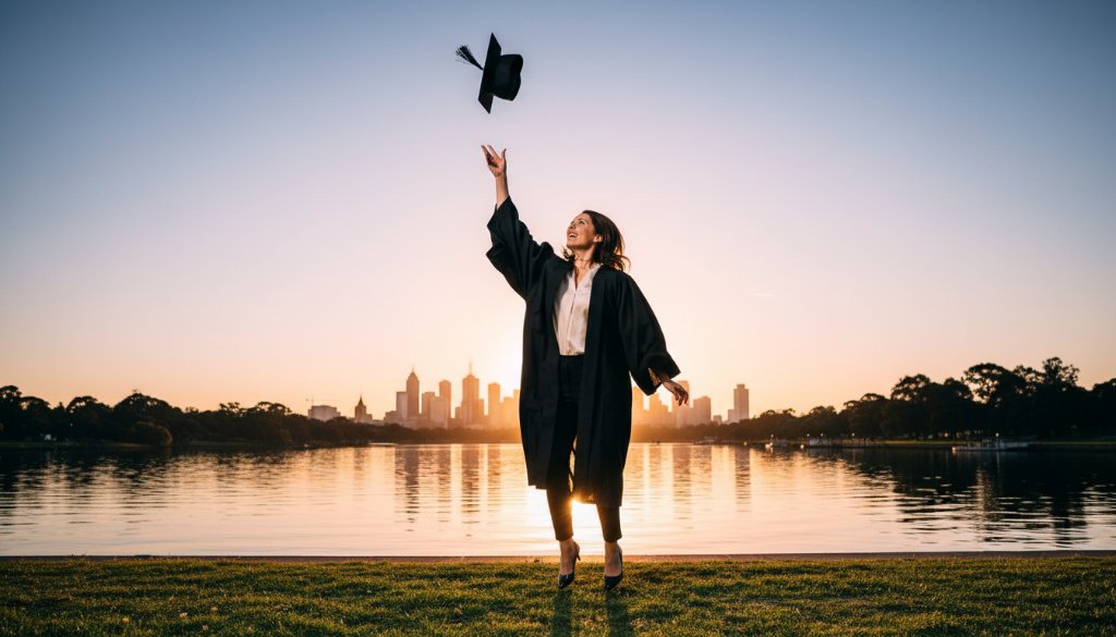 A graduate, beaming with joy, throws their cap into the air against a vibrant sunset over the tranquil Maribyrnong River in South Kingsville, perfectly encapsulating cherished South Kingsville graduation portraits with dramatic flair.