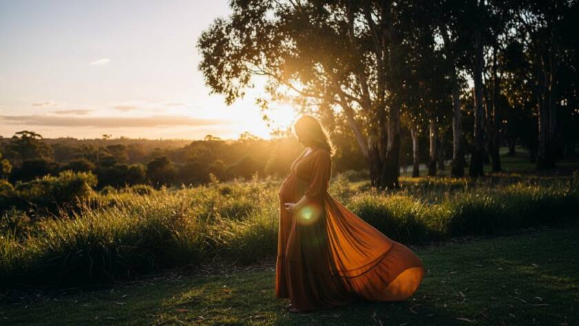 An expectant mother in a flowing gown at sunset in a Springvale South park, cradling her bump, bathed in golden light, capturing a cherished Springvale South maternity photography moment with dramatic flair.