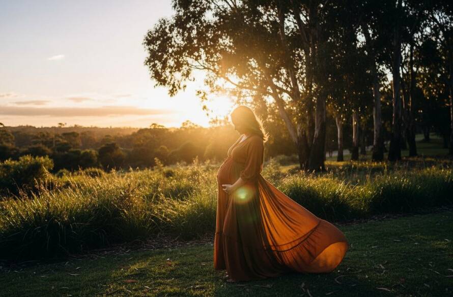 An expectant mother in a flowing gown at sunset in a Springvale South park, cradling her bump, bathed in golden light, capturing a cherished Springvale South maternity photography moment with dramatic flair.