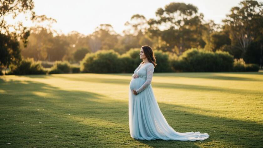 A stunning, cinematic 'epic moment' photograph capturing a mother-to-be embracing her baby bump amidst the soft, golden light of sunset in a tranquil Wantirna South park, symbolising Cherished Wantirna South Maternity Photography Moments.