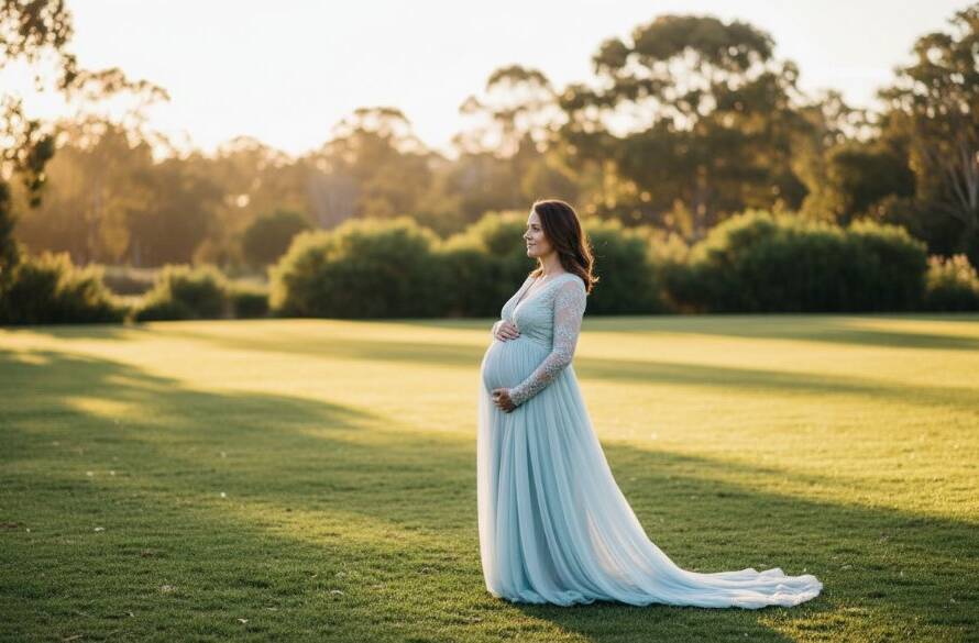 A stunning, cinematic 'epic moment' photograph capturing a mother-to-be embracing her baby bump amidst the soft, golden light of sunset in a tranquil Wantirna South park, symbolising Cherished Wantirna South Maternity Photography Moments.