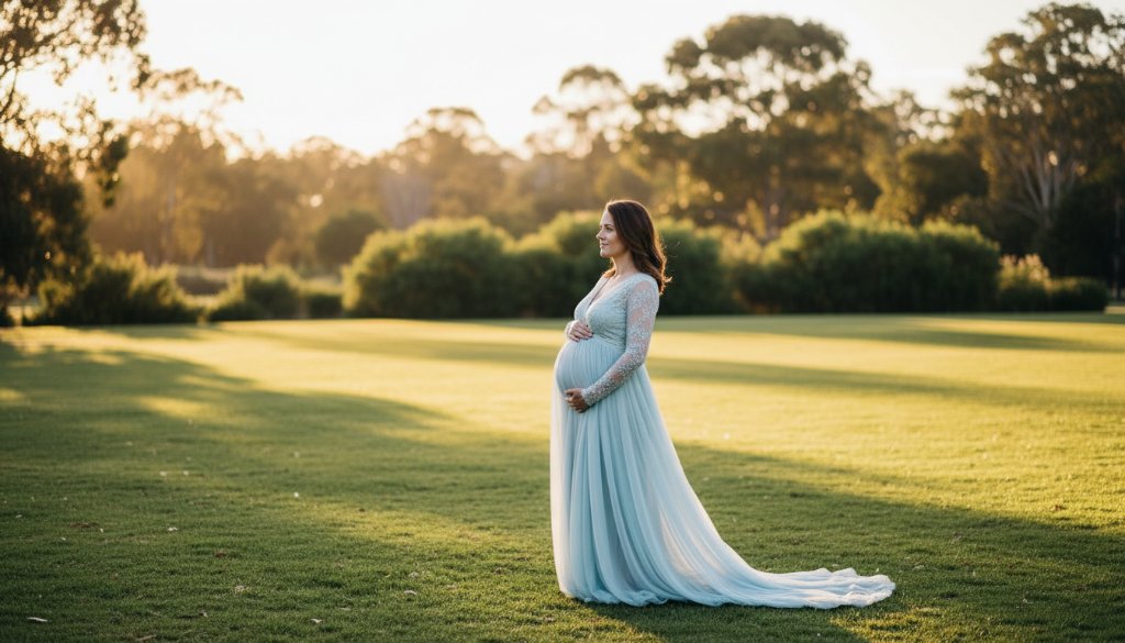 A stunning, cinematic 'epic moment' photograph capturing a mother-to-be embracing her baby bump amidst the soft, golden light of sunset in a tranquil Wantirna South park, symbolising Cherished Wantirna South Maternity Photography Moments.