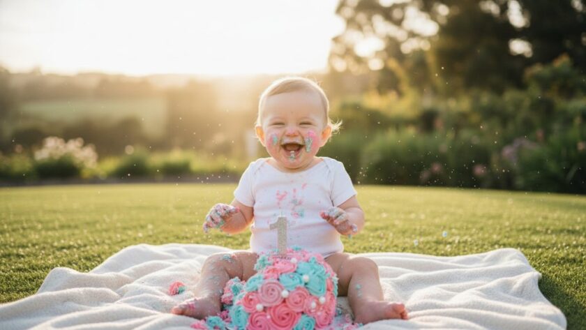 A professional, colour-graded, cinematic photograph capturing a joyful one-year-old in Churchill Victoria during their cake smash photography for one year old session, surrounded by a vibrant, slightly messy cake, with golden hour light streaming in, highlighting their excited expression and tiny hands covered in icing, set against a blurred, natural backdrop suggestive of Churchill's serene landscape.