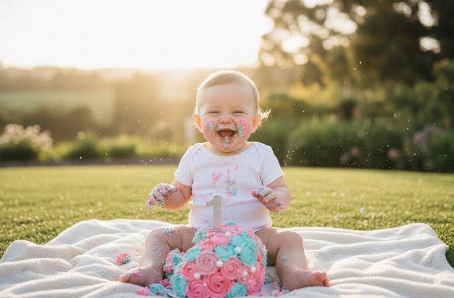 A professional, colour-graded, cinematic photograph capturing a joyful one-year-old in Churchill Victoria during their cake smash photography for one year old session, surrounded by a vibrant, slightly messy cake, with golden hour light streaming in, highlighting their excited expression and tiny hands covered in icing, set against a blurred, natural backdrop suggestive of Churchill's serene landscape.