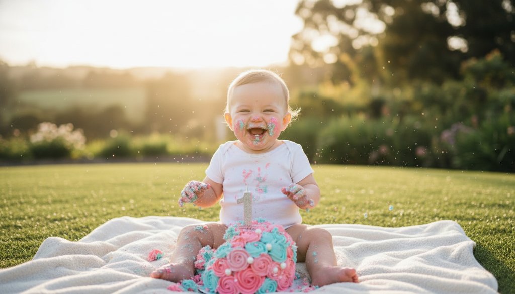 A professional, colour-graded, cinematic photograph capturing a joyful one-year-old in Churchill Victoria during their cake smash photography for one year old session, surrounded by a vibrant, slightly messy cake, with golden hour light streaming in, highlighting their excited expression and tiny hands covered in icing, set against a blurred, natural backdrop suggestive of Churchill's serene landscape.