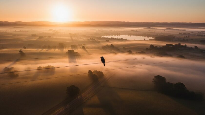 Stunning Churchill Victoria drone photography scenic landscapes captured at dawn, showcasing the serene Latrobe Valley with mist rolling over rolling hills, bathed in golden light, an epic moment of natural beauty.