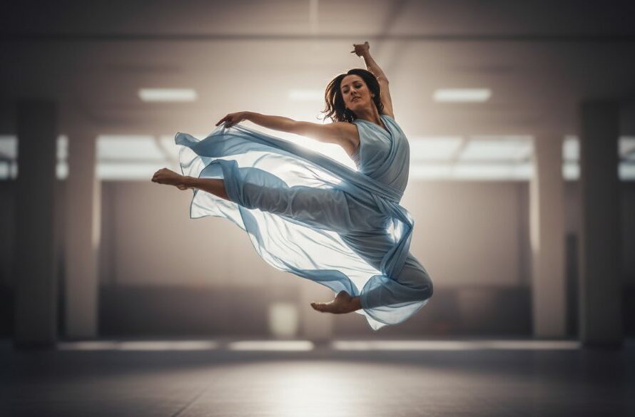 An inspiring dynamic dance photography moment in Churchill, Victoria, capturing an aspiring artist mid-leap with dramatic, ethereal lighting against a soft, blurred background, showcasing their power and grace.