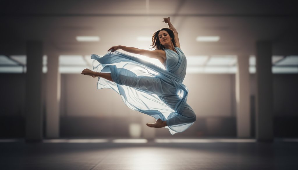 An inspiring dynamic dance photography moment in Churchill, Victoria, capturing an aspiring artist mid-leap with dramatic, ethereal lighting against a soft, blurred background, showcasing their power and grace.