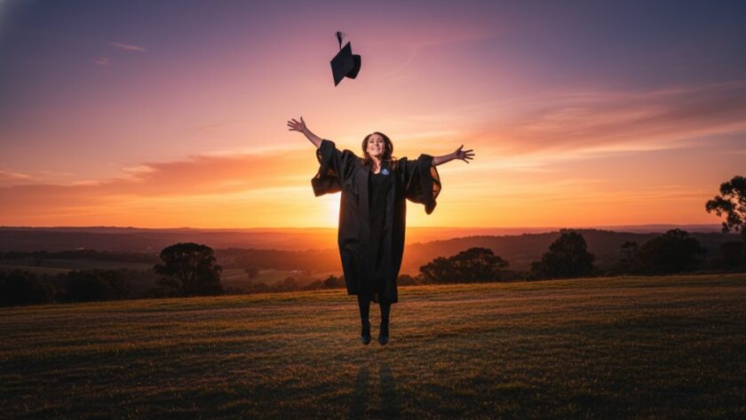 An overjoyed graduate in academic regalia, throwing their cap into the air against the scenic backdrop of the Latrobe Valley in Churchill, Victoria, capturing Churchill Victoria graduation photography memories with dramatic sunset lighting.