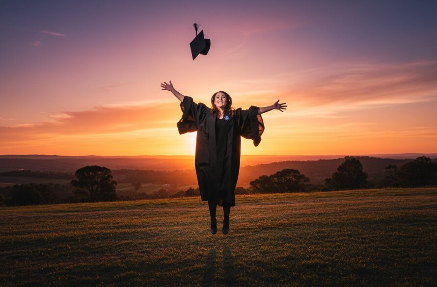 An overjoyed graduate in academic regalia, throwing their cap into the air against the scenic backdrop of the Latrobe Valley in Churchill, Victoria, capturing Churchill Victoria graduation photography memories with dramatic sunset lighting.