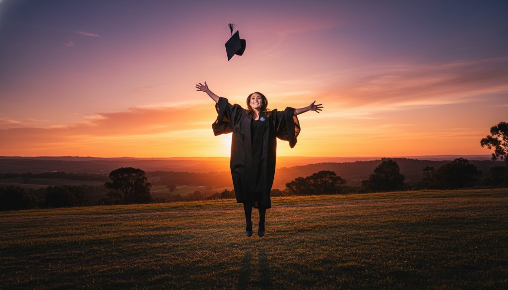 An overjoyed graduate in academic regalia, throwing their cap into the air against the scenic backdrop of the Latrobe Valley in Churchill, Victoria, capturing Churchill Victoria graduation photography memories with dramatic sunset lighting.