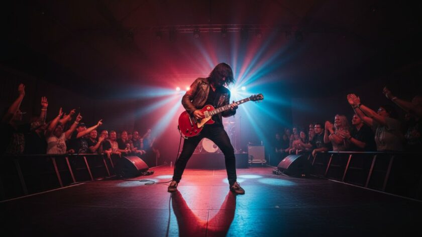 An electrifying wide-angle shot of a lead guitarist mid-shred, bathed in dramatic red and blue stage lights at a Churchill Victoria live music photography capturing raw energy event, with a blurred, energetic crowd visible in the background, creating an unforgettable moment.