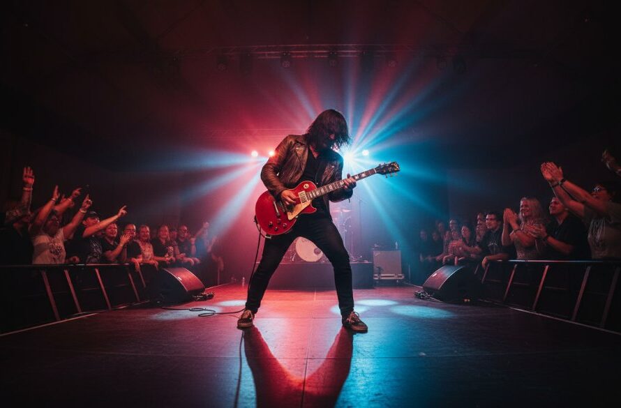 An electrifying wide-angle shot of a lead guitarist mid-shred, bathed in dramatic red and blue stage lights at a Churchill Victoria live music photography capturing raw energy event, with a blurred, energetic crowd visible in the background, creating an unforgettable moment.