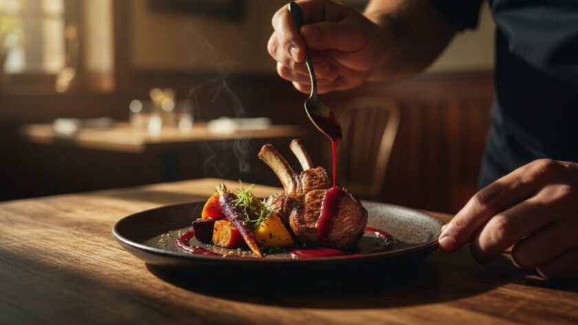 An epic moment of Churchill Victoria local food photography storytelling, showcasing a steaming, perfectly plated gourmet dish featuring locally sourced Gippsland ingredients, dramatically lit against a rustic, heritage-inspired backdrop, capturing the rich culinary narrative of the region.