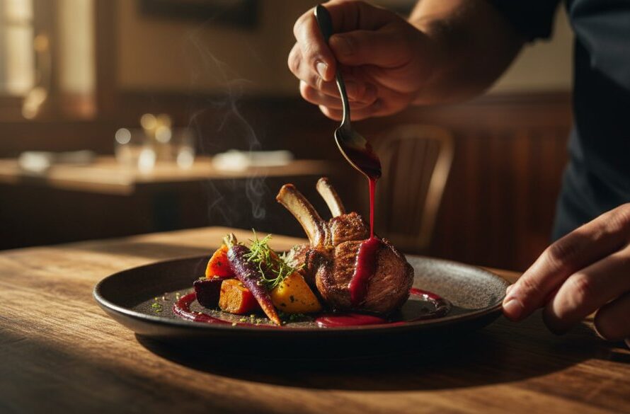 An epic moment of Churchill Victoria local food photography storytelling, showcasing a steaming, perfectly plated gourmet dish featuring locally sourced Gippsland ingredients, dramatically lit against a rustic, heritage-inspired backdrop, capturing the rich culinary narrative of the region.
