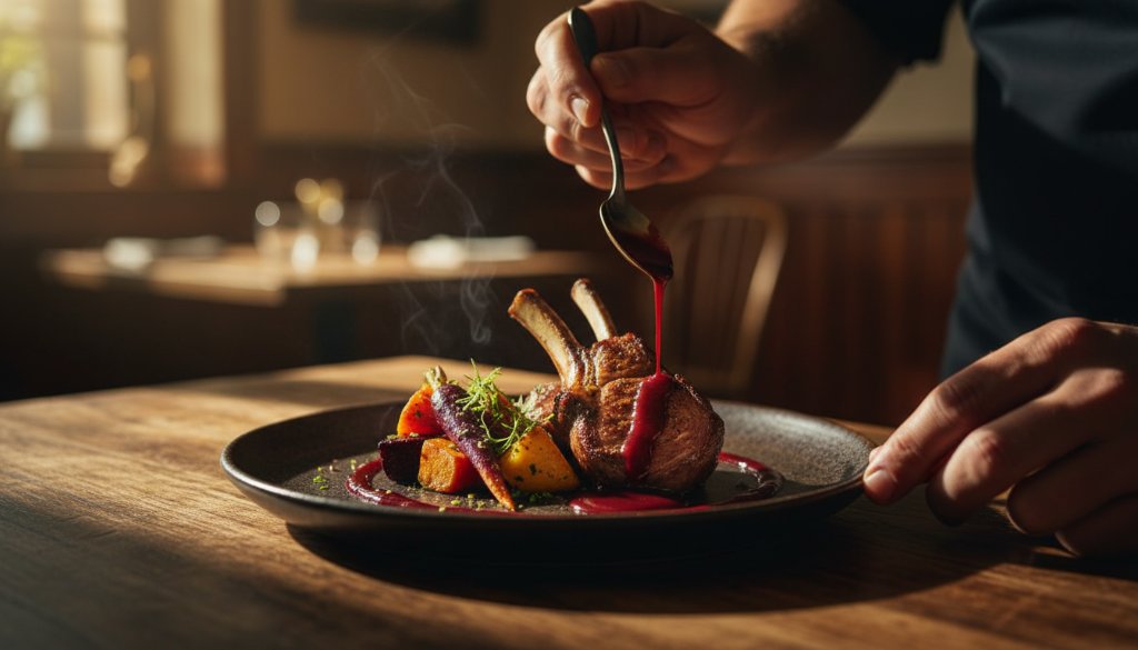 An epic moment of Churchill Victoria local food photography storytelling, showcasing a steaming, perfectly plated gourmet dish featuring locally sourced Gippsland ingredients, dramatically lit against a rustic, heritage-inspired backdrop, capturing the rich culinary narrative of the region.