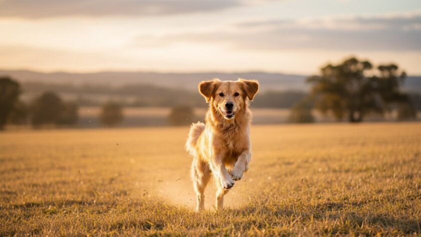 A golden retriever joyfully leaping through a sun-drenched field near a eucalyptus grove in Churchill, Victoria, capturing an epic moment of unbridled happiness through professional pet photography.