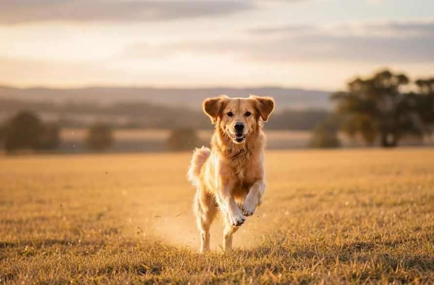 A golden retriever joyfully leaping through a sun-drenched field near a eucalyptus grove in Churchill, Victoria, capturing an epic moment of unbridled happiness through professional pet photography.