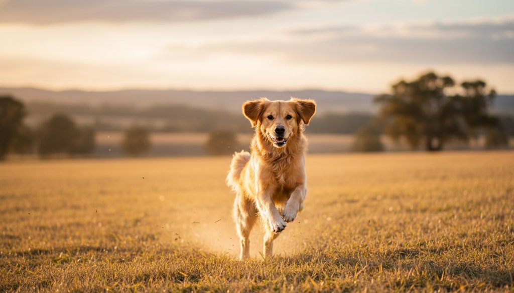 A golden retriever joyfully leaping through a sun-drenched field near a eucalyptus grove in Churchill, Victoria, capturing an epic moment of unbridled happiness through professional pet photography.