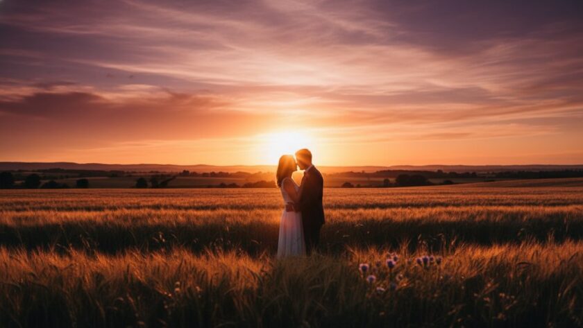 A couple shares a tender moment during their Churchill Victoria pre-wedding photography scenic Gippsland shoot at sunset, silhouetted against a vast, golden field, capturing an epic, romantic silhouette with dramatic sky.