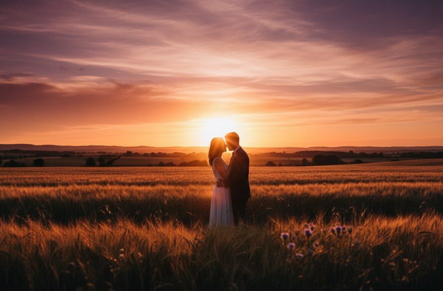A couple shares a tender moment during their Churchill Victoria pre-wedding photography scenic Gippsland shoot at sunset, silhouetted against a vast, golden field, capturing an epic, romantic silhouette with dramatic sky.