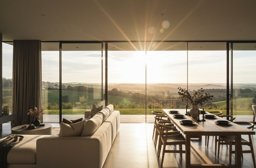 Dramatic wide-angle shot of a beautifully staged living room in a modern Churchill Victoria home at dusk, sunlight streaming through large windows, showcasing professional Churchill Victoria real estate photography for faster property sales, with a warm, inviting glow.